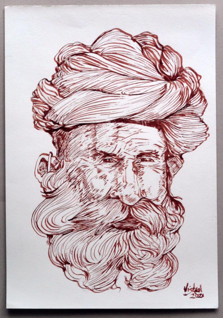 Calligraphy pen portrait in sepia ink of a turbaned man using the Pilot Parallel Pen