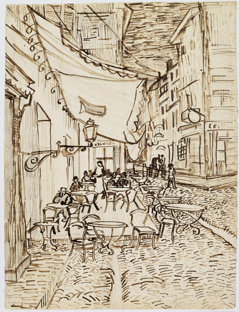 Vincent van Gogh. Cafe Terrace at Night. 1888. Reed pen and ink over pencil on laid paper 65.4 x 47.1 cm. Dallas Museum of Art